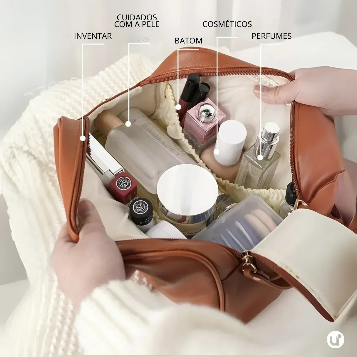 Necessaire de maquiagem feminina Luxbag 2.0 em couro PU premium impermeável, com design elegante e alça de mão, ideal para organizar cosméticos com sofisticação em viagens.