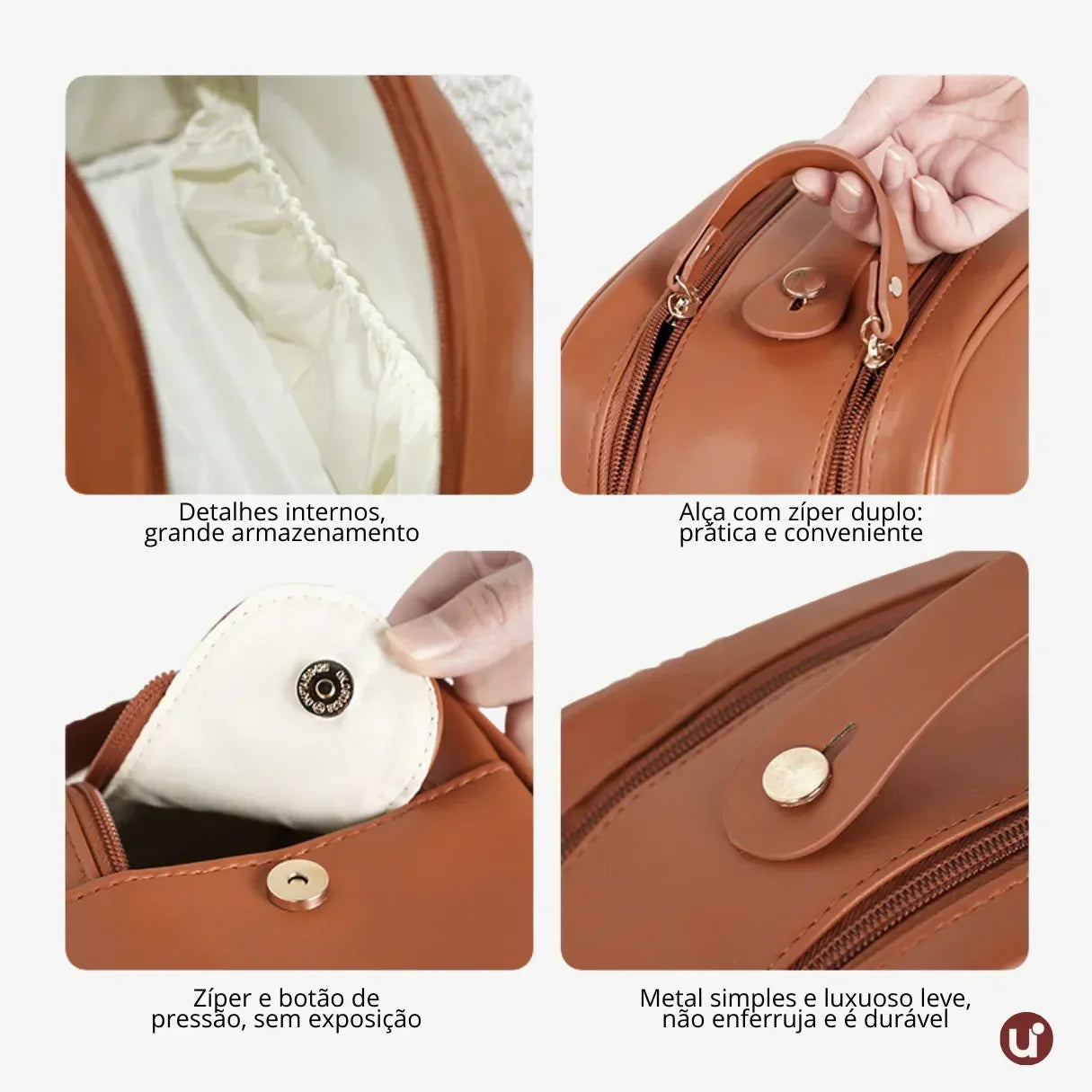 Necessaire de maquiagem feminina Luxbag 2.0 em couro PU premium impermeável, com design elegante e alça de mão, ideal para organizar cosméticos com sofisticação em viagens.