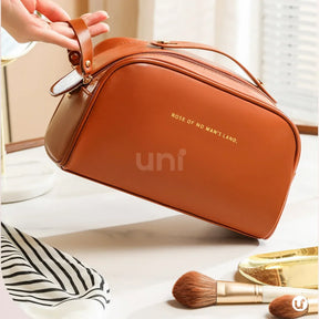 Necessaire de maquiagem feminina Luxbag 2.0 em couro PU premium impermeável, com design elegante e alça de mão, ideal para organizar cosméticos com sofisticação em viagens.