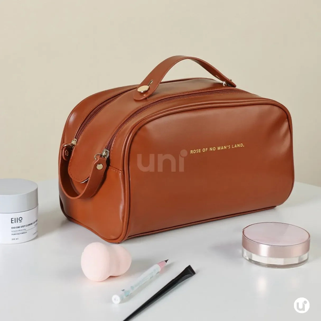Necessaire de maquiagem feminina Luxbag 2.0 em couro PU premium impermeável, com design elegante e alça de mão, ideal para organizar cosméticos com sofisticação em viagens.