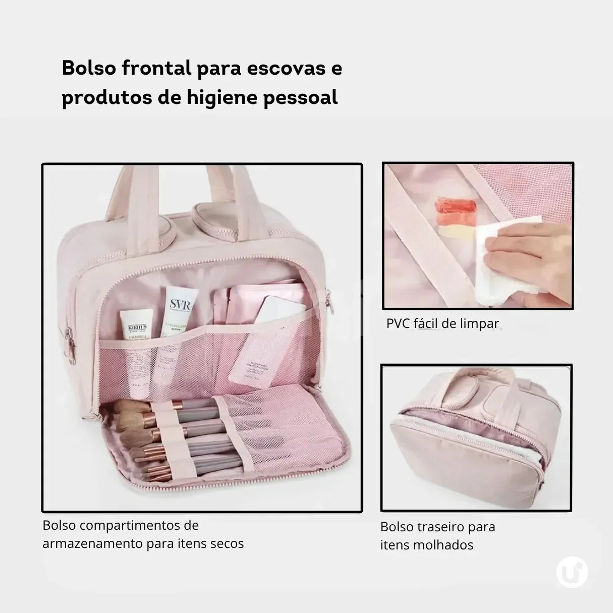 Nécessaire feminina grande CrushBag em tecido impermeável semibrilhante, com design elegante inspirado em nuvens, ideal para organizar itens de viagem com sofisticação.