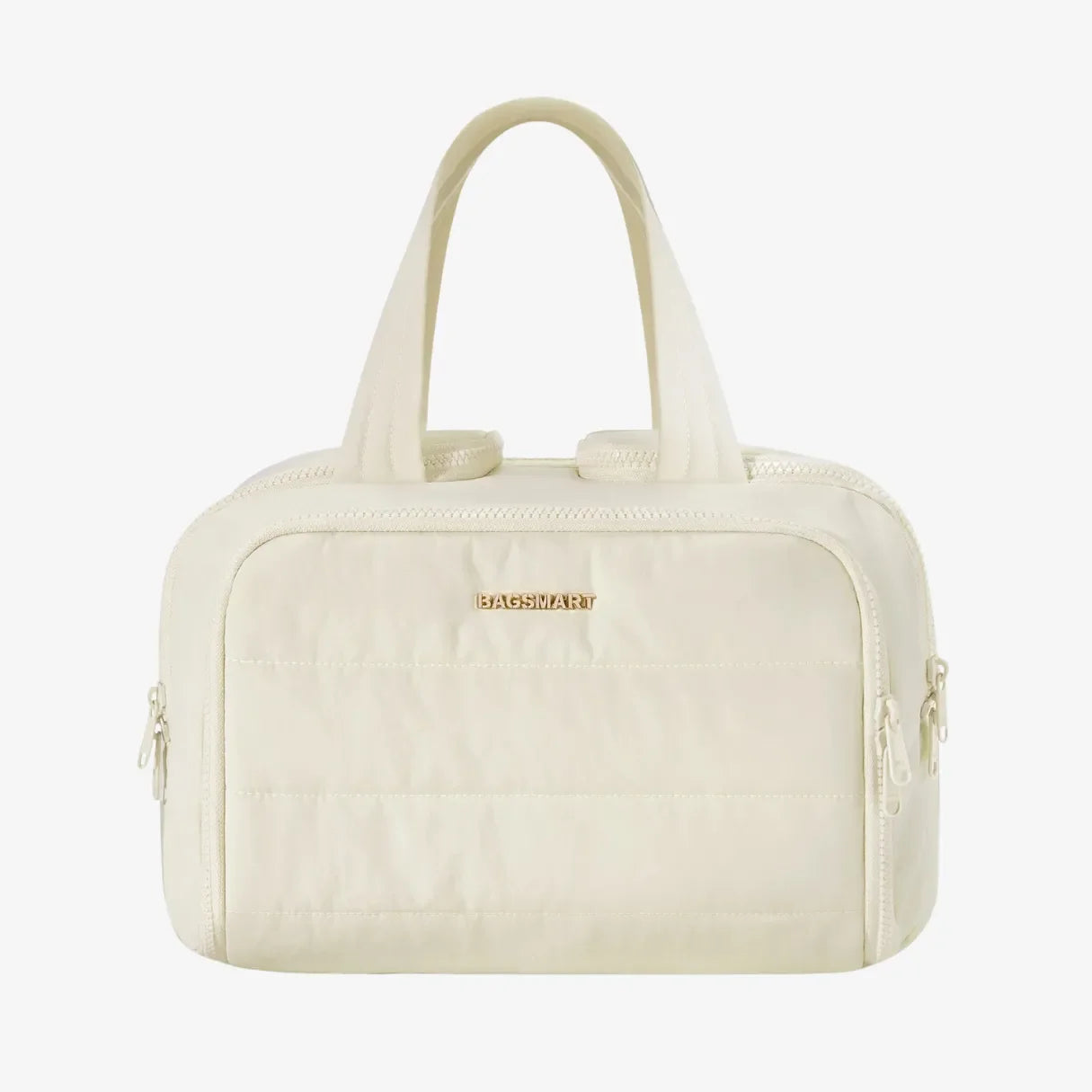 Nécessaire feminina grande CrushBag em tecido impermeável semibrilhante, com design elegante inspirado em nuvens, ideal para organizar itens de viagem com sofisticação.