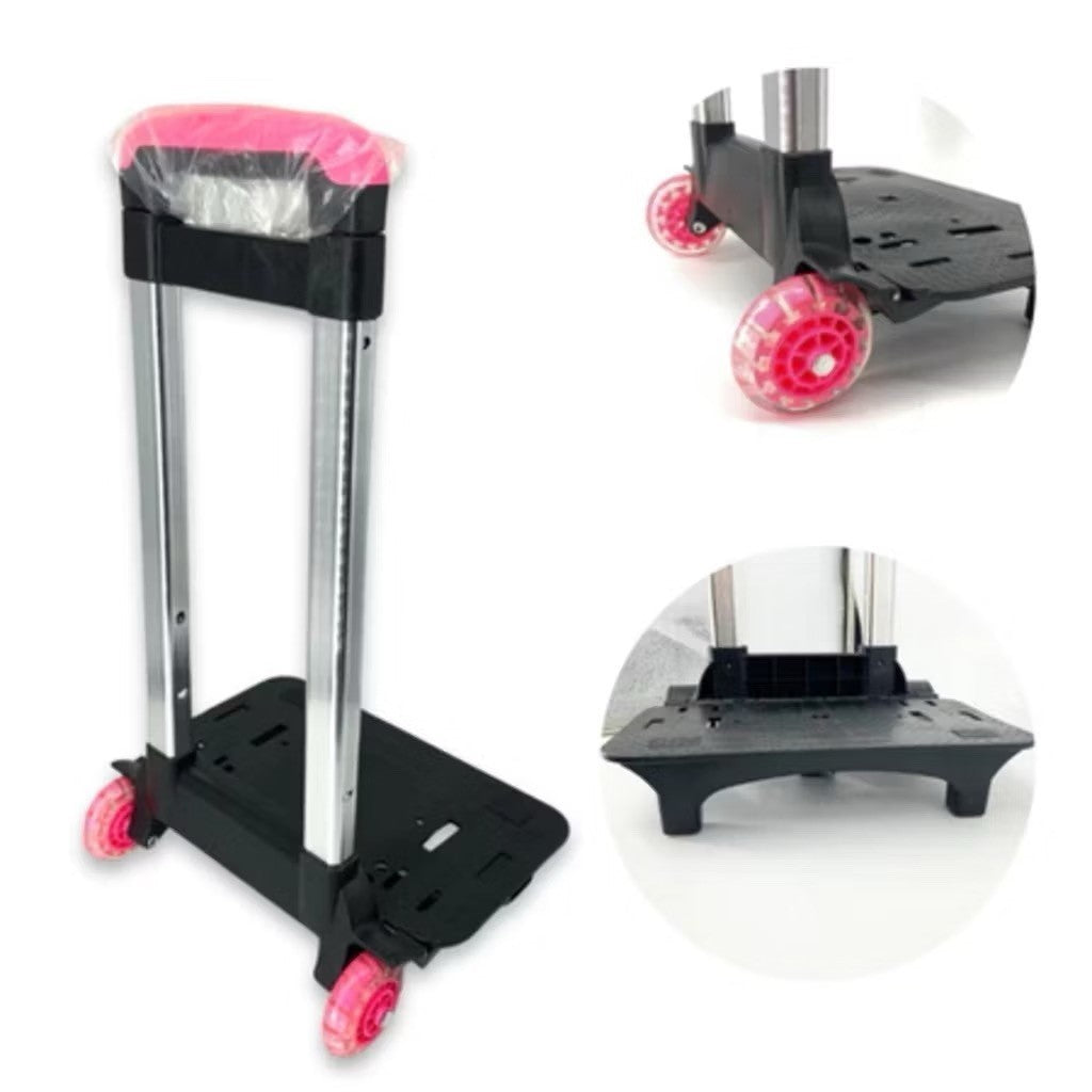 Detalhes do carrinho dobrável rosa: base reforçada e rodinhas